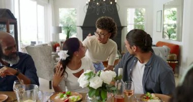 Çiftlik evindeki çeşitli aileler, kıvırcık saçlı bir kadının arkadaşına sarılıp, Ross 'a kadeh kaldırmasına gülüyor. Aile, kutlama, neşe, köy, birliktelik, sıcaklık, bağ..