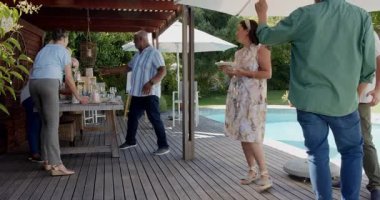 Arka bahçede kutlama yapan çeşitli yaşlılar, güneşli terasta bilardo içerek kadeh kaldırıyorlar. Kutlama, emeklilik, sosyalleşme, mutluluk, eğlence, yaşam tarzı