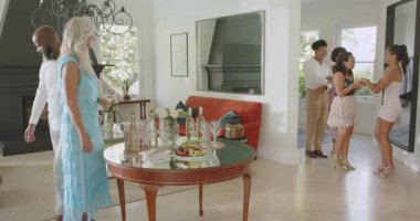 Kıdemli kadın ve Afrikalı Amerikalı erkek, eve gelen misafirleri karşılıyor ve içki masasına içki koyuyorlar. Sosyal toplanma, kutlama, misafirperverlik, zarafet, konukseverlik, iç tasarım, yaşam tarzı