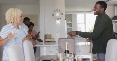 Çeşitli arkadaşlar evde öğle yemeğinin tadını çıkarıyor, kahkahalar ve sohbetler ediyorlar. yemek, sosyal, toplanma, yemek, günlük, birliktelik