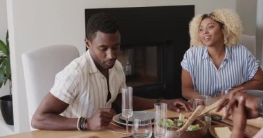 Çeşitli arkadaşlar evde yemek masasının etrafında içki içip kahkaha atıyorlar. Kutlama, toplanma, arkadaşlık, eğlence, mutluluk, sohbet