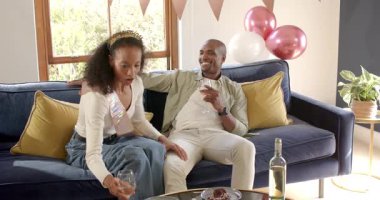 Çeşitli çiftler evde kutlama yapıyor, gülümsüyor ve rahat koltukta içkinin tadını çıkarıyorlar. Kutlama, mutluluk, birliktelik, rahatlama, yaşam tarzı