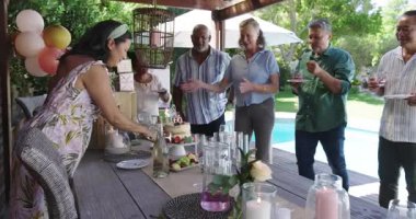 Bahçede kutlama yapan, çeşitli yaşlılardan oluşan çeşitli gruplar pasta ve bilardo oynuyorlar. Kutlama, yaşlı yetişkinler, havuz başı, boş zaman, yaz zamanı.