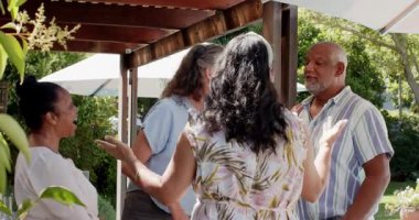 Arka bahçede eğlenen çeşitli yaşlılar havuz başında toplanıyor, gülümsüyor ve bahçede sosyalleşiyorlar. Emeklilik, eğlence, topluluk, parti, arkadaşlık, mutluluk