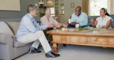 Farklı yaşlılar evde planları tartışıyor, fikirleri paylaşıyor ve sohbetten zevk alıyorlar. Yaşlılar, tartışmalar, arkadaşlık, eğlence, beyin fırtınası, iletişim.