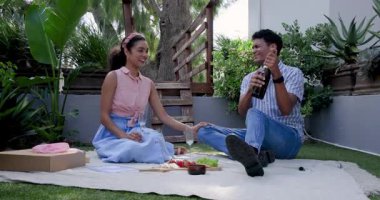 Çeşitli çiftler yeşil bahçedeki piknik battaniyesinde meyve ve içeceklerle kutlama yapıyorlar. Kutlama, romantizm, piknik, yeşillik, neşe, açık hava, eğlence, çiftlik