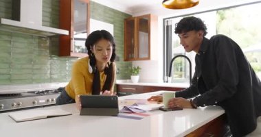 Dizüstü bilgisayar tartışmasından sonra Asyalı kadın ve adam proje için mutfak adasında renk örneklerini gözden geçiriyorlar. İşbirliği, yaratıcılık, modern, iç mekan, takım çalışması, tasarım, yenilik
