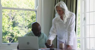 Üst düzey kadın ofise kahve kupası veriyor. Afro-Amerikan bir adam dizüstü bilgisayarında fotokopi alanı gösteriyor. İşbirliği, akıl hocalığı, sıcaklık, iletişim, dinginlik, verimlilik, rahatlık