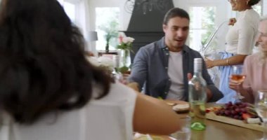 Çeşitli aile üyeleri ve arkadaşlar şarap tıpalarını açıyor, kadeh kaldırıyor ve evdeki masada sohbet ediyorlar. Kutlama, neşe, zarafet, sosyalleşme, eğlence, yaşam tarzı, portre