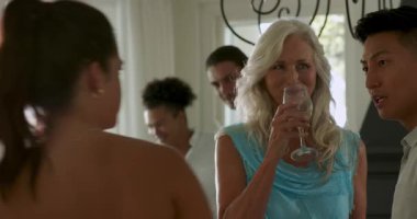 Gelinin oturma odasına girmesi üzerine, kıdemli kadın şarap kadehini indirip onu sıcak bir şekilde selamlıyor. Kutlama, misafirperverlik, sosyalleşme, zarafet, sıcaklık, arkadaşlık, gelenek.