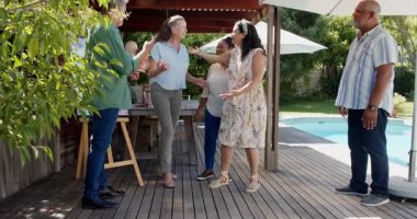 Birlikte kutlama yapıyorlar, çeşitli yaşlılar verandada havuz başında sohbet edip gülüyorlar. Çeşitli arkadaşlar, mutluluk, eğlence, toplanma, yaz, emeklilik