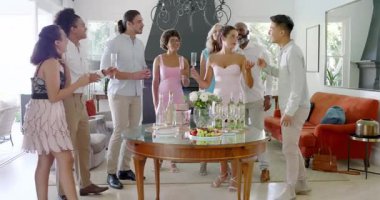 Farklı sekiz arkadaş grubu oturma odasındaki masaya şarap doldurup kadeh kaldırıyor. Kutlama, dostluk, konukseverlik, zarafet, neşe, neşe, şenlik, sofistike