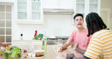 Çeşitli arkadaşlar şarap içerken konuşurlar sonra salata kasesine domates ve zeytin eklerler sonra da tost yaparlar. Sosyalleşme, kutlama, mutfak, yoldaşlık, modern, sıradan, yaşam tarzı