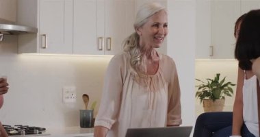 Dizüstü bilgisayar dersleri, çeşitli bayan arkadaşlar mutfak adasında kahve ile çelenk birleştiriyorlar. İşbirliği, dostluk, yaratıcılık, modern, yaşam tarzı, sıcaklık, neşe