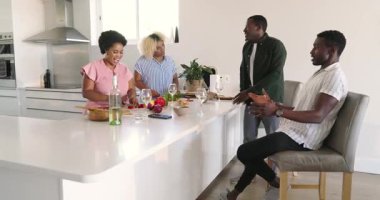 Çeşitli arkadaşlar mutfaktaki adada içkinin ve kahkahanın tadını çıkarıyor, evlerinde neşeli anlar paylaşıyorlar. Kutlama, parti, mutluluk, grup, sohbet, kapalı alan