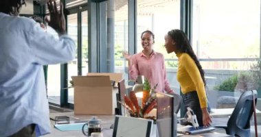 Taşıma kutusunu taşıyan Afro-Amerikan iş arkadaşları ilk gün ofise giriyor ve karşılama ekibi kuruyor. İşbirliği, çeşitlilik, profesyonellik, takım çalışması, modern, kurumsal, iletişim