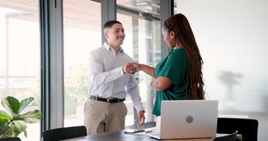 Modern ofiste genç bir adamla sohbet eden Afro-Amerikalı bir kadın. Laptop ve yeşil bitkiler kullanıyor. İşbirliği, sohbet, modern, çalışma alanı, teknoloji, üretkenlik, takım çalışması