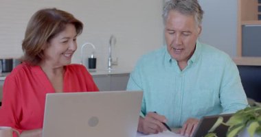 Üst düzey bir çift dizüstü bilgisayarda iyi haberleri kutluyor, kağıtları imzalıyor, mutfakta kahvelerini yudumluyor. Ortaklık, başarı, mutluluk, yerli, işbirliği, yaşam tarzı, pozitiflik