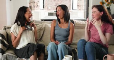 Bardakları indirmek, çeşitli bayan arkadaşları kanepeye yatırmak, hamilelik ultrasonunu keşfetmek ve sarılmak. Arkadaşlık, kutlama, heyecan, sıcaklık, neşe, birliktelik, iç mekan.