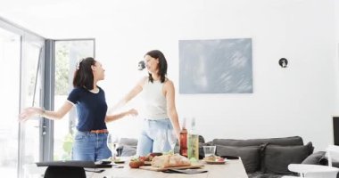 Çeşitli bayan arkadaşlar mezuniyetlerini evde kutluyorlar. Şarap kızartıyorlar, dans ediyorlar, tablet sallıyorlar, şapka takıyorlar. Toplanma, kutlama, arkadaşlık, neşe, eğlence, ev, yaşam tarzı