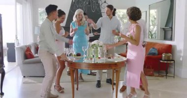 Çeşitli arkadaşlar toplantı için oturma odasına geliyorlar, kadeh kaldırıyorlar, dans ediyorlar ve içkileri dolduruyorlar. Kutlama, neşe, sosyalleşme, eğlence, modern yaşam tarzı, zarafet