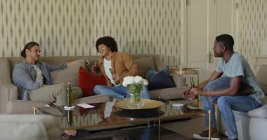 Çeşitli erkek arkadaşlar bira şişeleriyle salonda esprili anekdotlara gülüp el kol geziyorlar. Gündelik, sosyal, modern, arkadaşlık, rahatlama, ev, hayat dolu