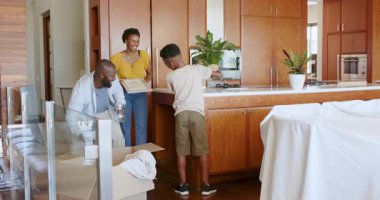 Aile yeni mutfaktaki kutuları açıyor, gülümsüyor ve evde birlikte organize oluyorlar. Taşınma, taşınma, birliktelik, ev, mutluluk.