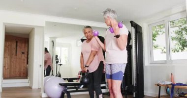 Son sınıf arkadaşları evde spor yapıyor, dambıl ve kettlebell kullanıyor. Zindelik, sağlık, kararlılık, çalışma, takım çalışması, canlılık, güçlendirme