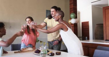 Arkadaşlar evde kutlama yapıyor, içkilerle kadeh kaldırıyor ve şenlik toplantısının tadını çıkarıyorlar. Kutlama, parti, arkadaşlık, yaşam tarzı, mutluluk, eğlence