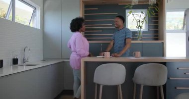 Evde kahve fincanlarıyla deftere yazarken gülümseyen Afro-Amerikalı çift. Mutluluk, yaşam tarzı, rahatlama, arkadaşlık, aşk, evcil