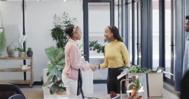 Afro-Amerikalı iş arkadaşları ofise yeni gireni kutular ve fabrika kurarak selamlıyorlar. İşbirliği, çalışma alanı, yeşillik, modernlik, takım ruhu, hayat dolu, profesyonel