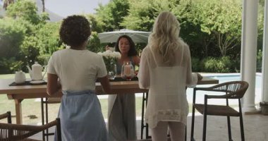 Kahkahalar, çeşitli bayan arkadaşların pergola altında kek düzenlemesi, şarap doldurması ve kucaklaşması. Sosyal toplantı, açık hava yemeği, bahçe partisi, misafirperverlik, kutlama, köy tarzı, neşeli ruh hali.