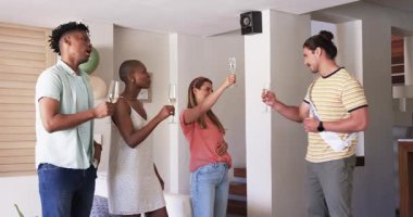 Şampanya kadehleriyle kutlama yapan arkadaşlar, ev partisinde kadeh kaldırma ve gülümseme. Kutlama, dostluk, toplanma, sevinç, şenlik, mutluluk