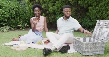 Battaniyede abur cubur ve içecek paylaşımı, dışarıda piknik yapan Afro-Amerikan çift. Toplanma, rahatlama, rahatlama, arkadaşlık.