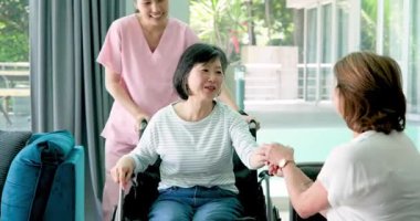 Tekerlekli sandalyede oturan mutlu son sınıf öğrencisi kadın, kadın hemşire ve arkadaşıyla oturma odasında konuşuyor. Kıdemli yaşam tarzı, sakatlık, sağlık ve arkadaşlık konsepti.