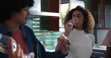 Mutlu çeşitli arkadaşlar evdeki mutfakta şarap ve birayla sohbet edip kadeh kaldırıyorlar. Kutlama, parti, birliktelik, yaşam tarzı ve arkadaşlık kavramı.