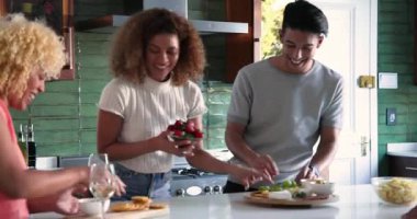 Mutlu çeşitli arkadaşlar konuşuyor, şarap içiyor ve evdeki mutfak adasında yemek hazırlıyor. Kutlama, parti, birliktelik, yaşam tarzı ve arkadaşlık kavramı.