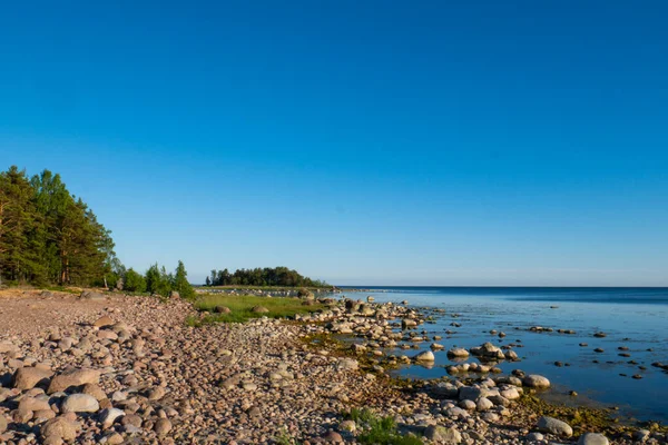 Vacker Ljus Stenkust Myriad Stenar Stranden Stor Blå Sjö Och — Stockfoto