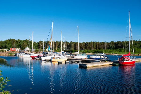 Yacht Klub Sok Különböző Jachttal Hajóval Hajóval Gyönyörű Természet Zöld — Stock Fotó