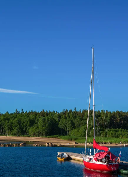 Röd yacht mot den blå himlen och grön skog. — Stockfoto