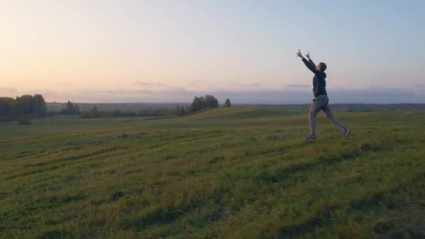 Man Stands His Hands His Pockets Looks Beautiful Sunset Forest — Stock Video