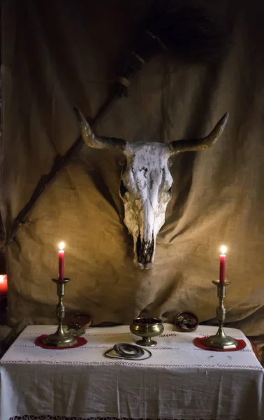 Altar För Sataniska Ritualer Häxkonst Detalj Ockultism Och Sekt — Stockfoto