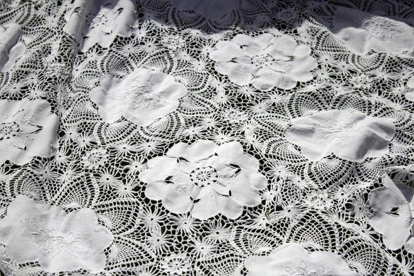 White Embroidered Tablecloths Lace Sewing Craft — Stock Photo, Image