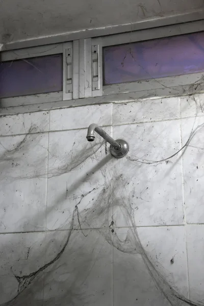 Dirty Sprcha Pavučinami Nehygienické Koupelna — Stock fotografie