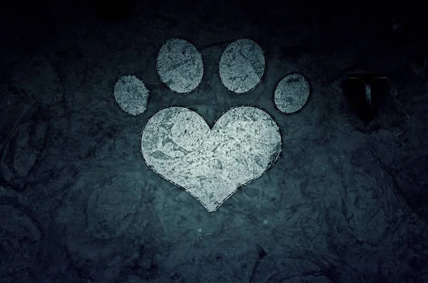 Footprints of dog and heart painted on ground, abandoned animals