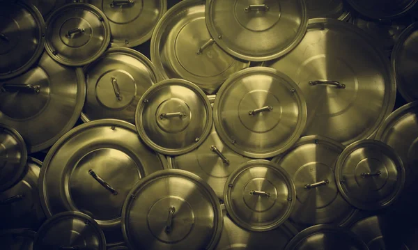 Metallic Pan Lids Restaurant Kitchen Accessories — Stock Photo, Image