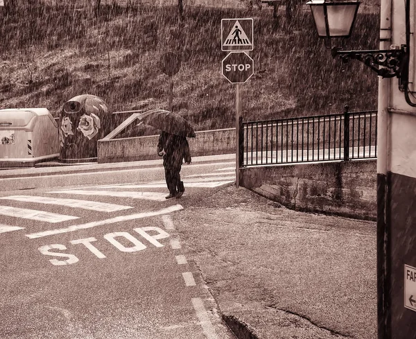 Πρόσωπο Ομπρέλα Στο Δρόμο Βρέχει Φύση Και Περπάτημα — Φωτογραφία Αρχείου