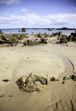 Ada sahilindeki kayalar, doğal manzara ve okyanus, tatil ve turizm