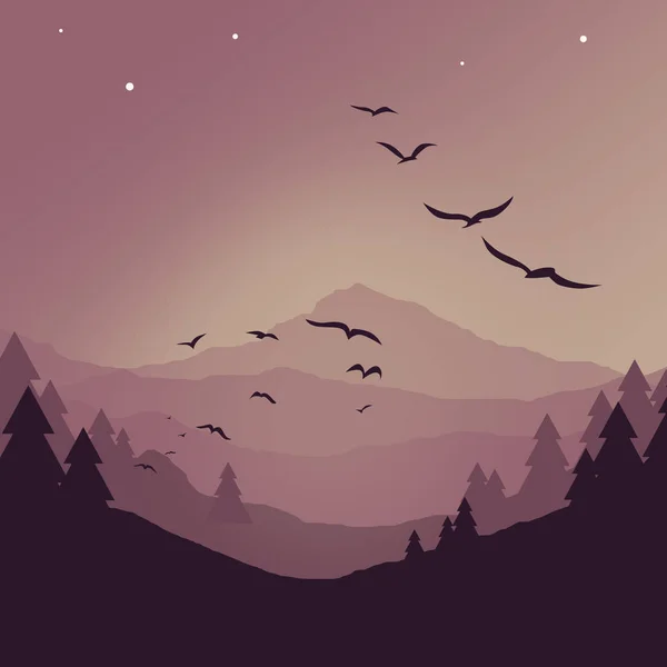 flock of birds in the night forest