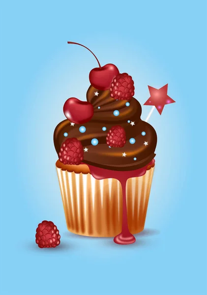 Pastel Chocolate Con Cereza Frambuesa — Vector de stock